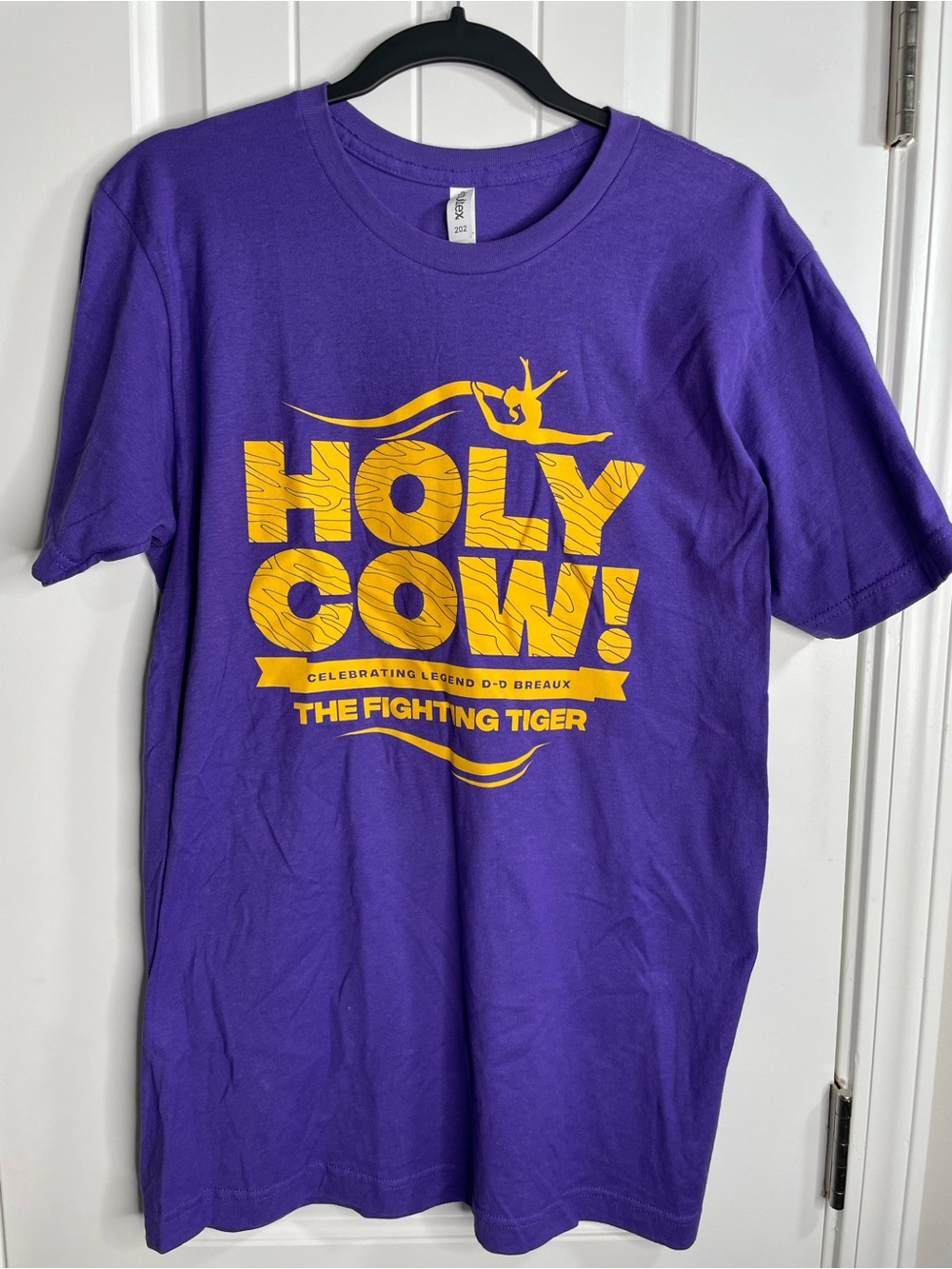 Tultex Purple LSU gymnastics Tee with Bold gold ‘HOLY COW!'